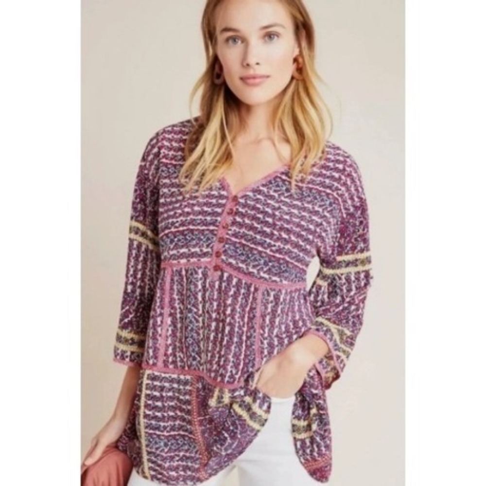 Maeve Anthropologie Blouse Purple P Womens Tunic Babydoll Boho Bell Sleeve SP
